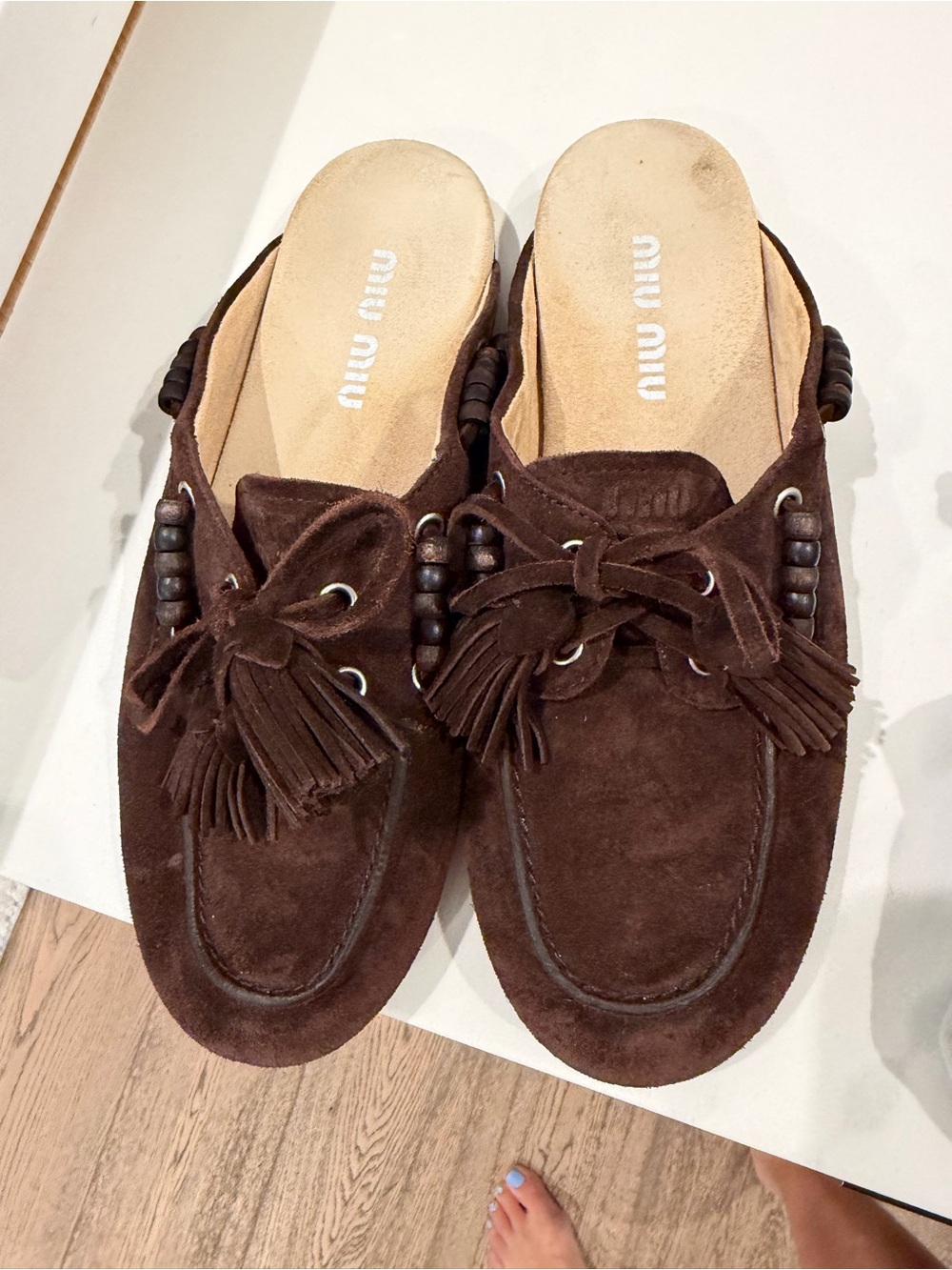 Miu Miu Dark Brown Suede Tassel Loafer Mule BNWB size 39 - Picture 2 of 4